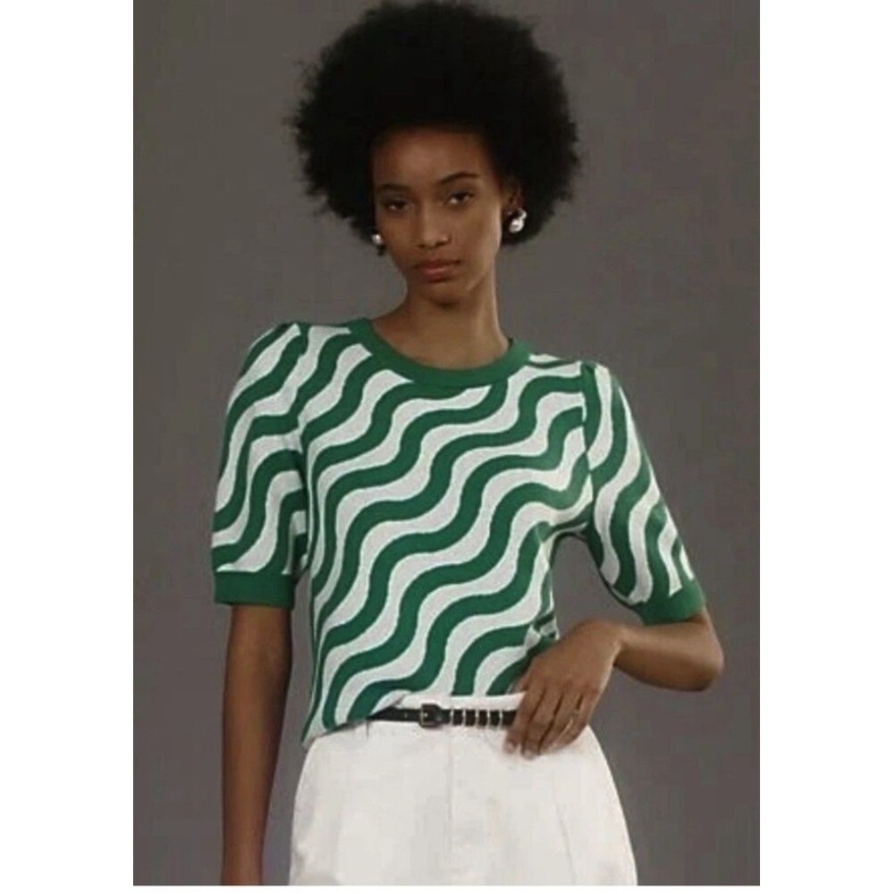 LN $98 WOMENS Extra Large MAEVE HARMON JACQUARD SWEATER WAVY GREEN WHITE